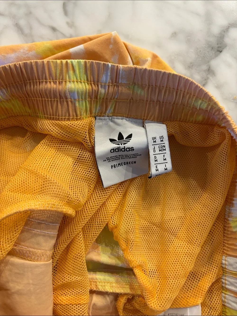 adidas Men's Orange Tie-Dye Swim Trunks with White 3-Stripes